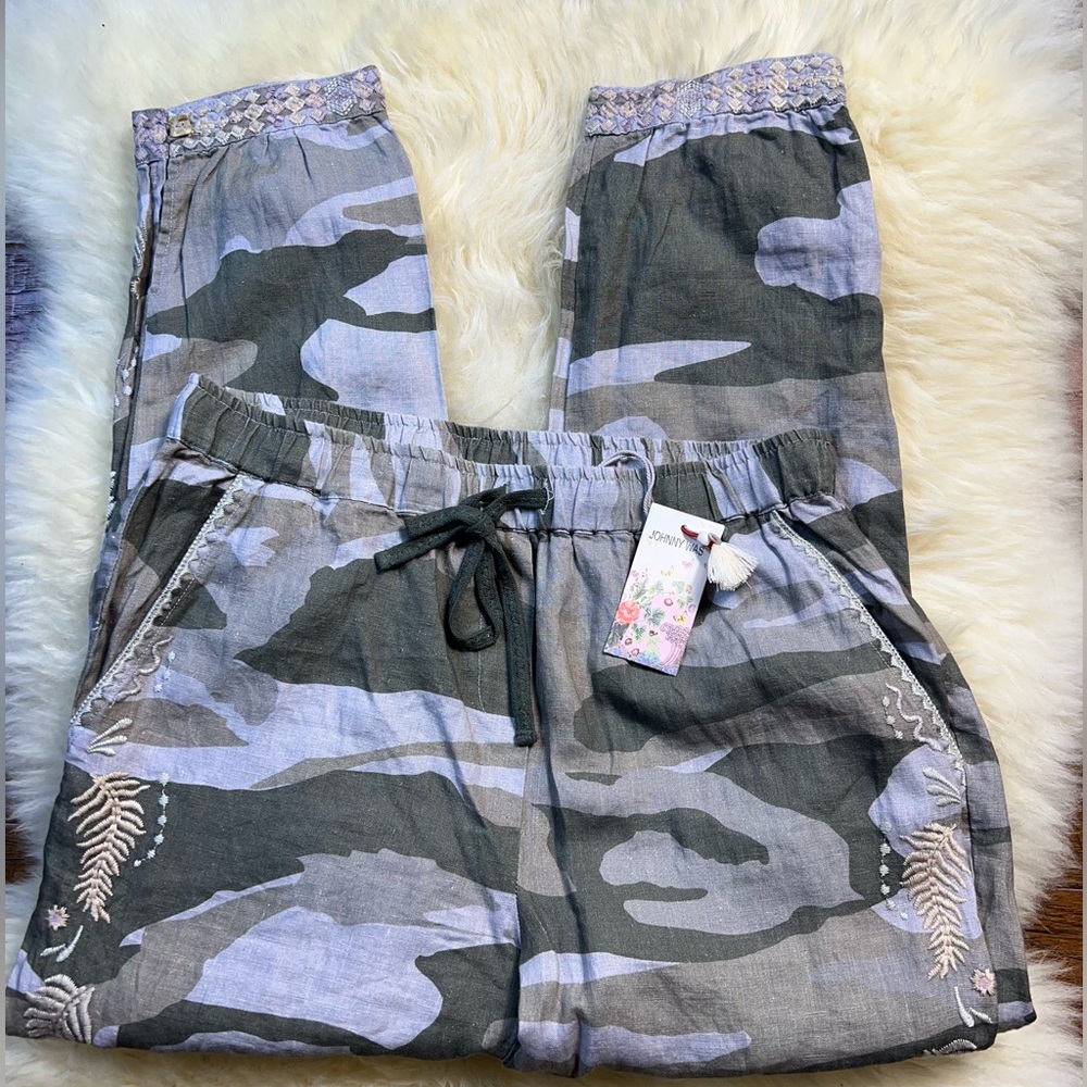 Johnny Was Sidra Linen Camo Green Embroidered Joggers, Size Small, NWT - Picture 9 of 11